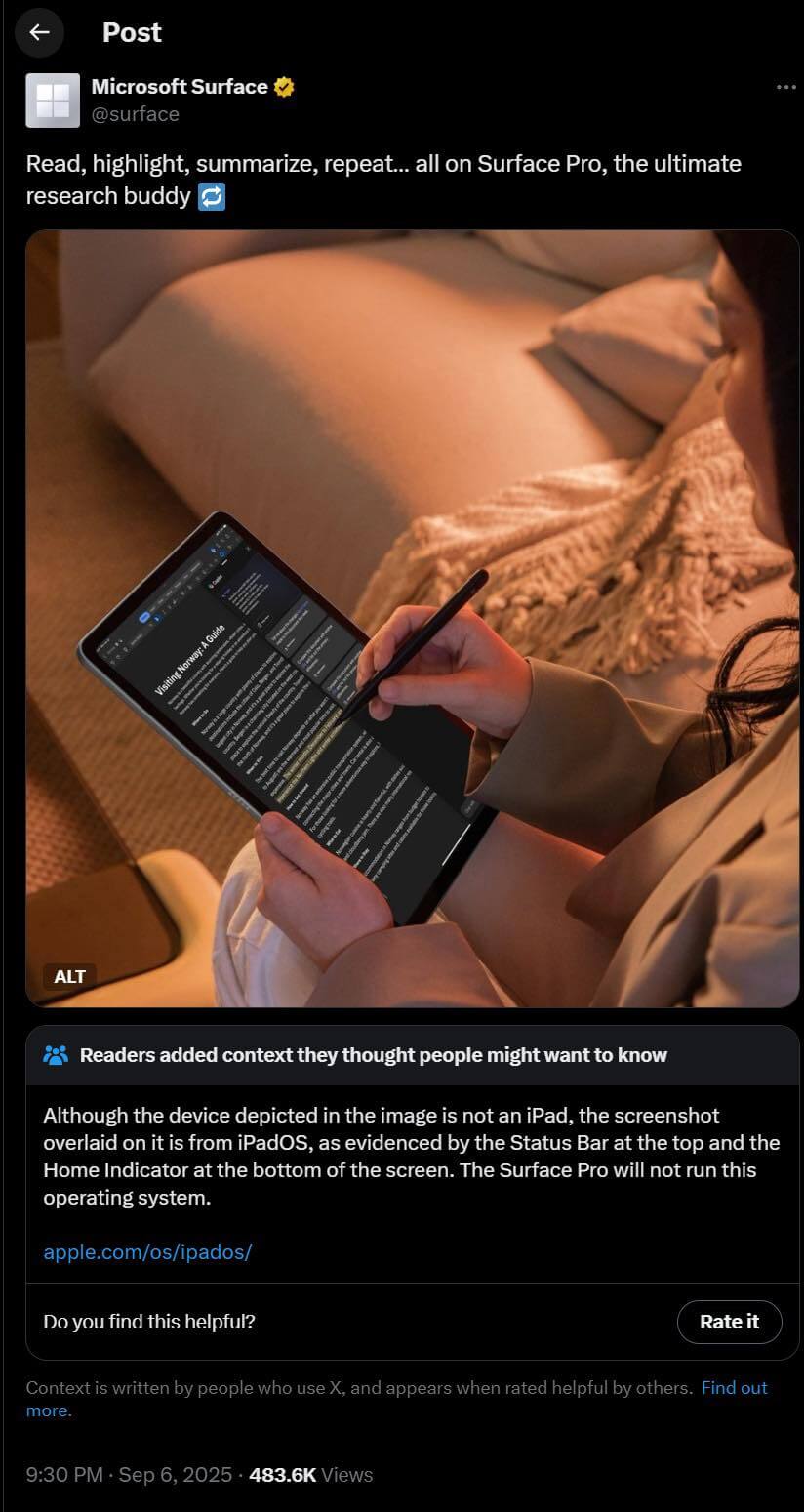 Microsoft、iPadOS風UIを搭載した「Surface Pro」の画像をPRに使用|コミュニティノートで指摘され削除