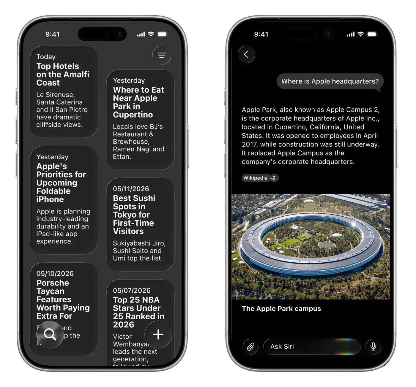 「iOS 27」の「Siri」アプリと「検索または質問」機能はこんな感じに?? ー リーク情報に基づいたレンダリング画像公開