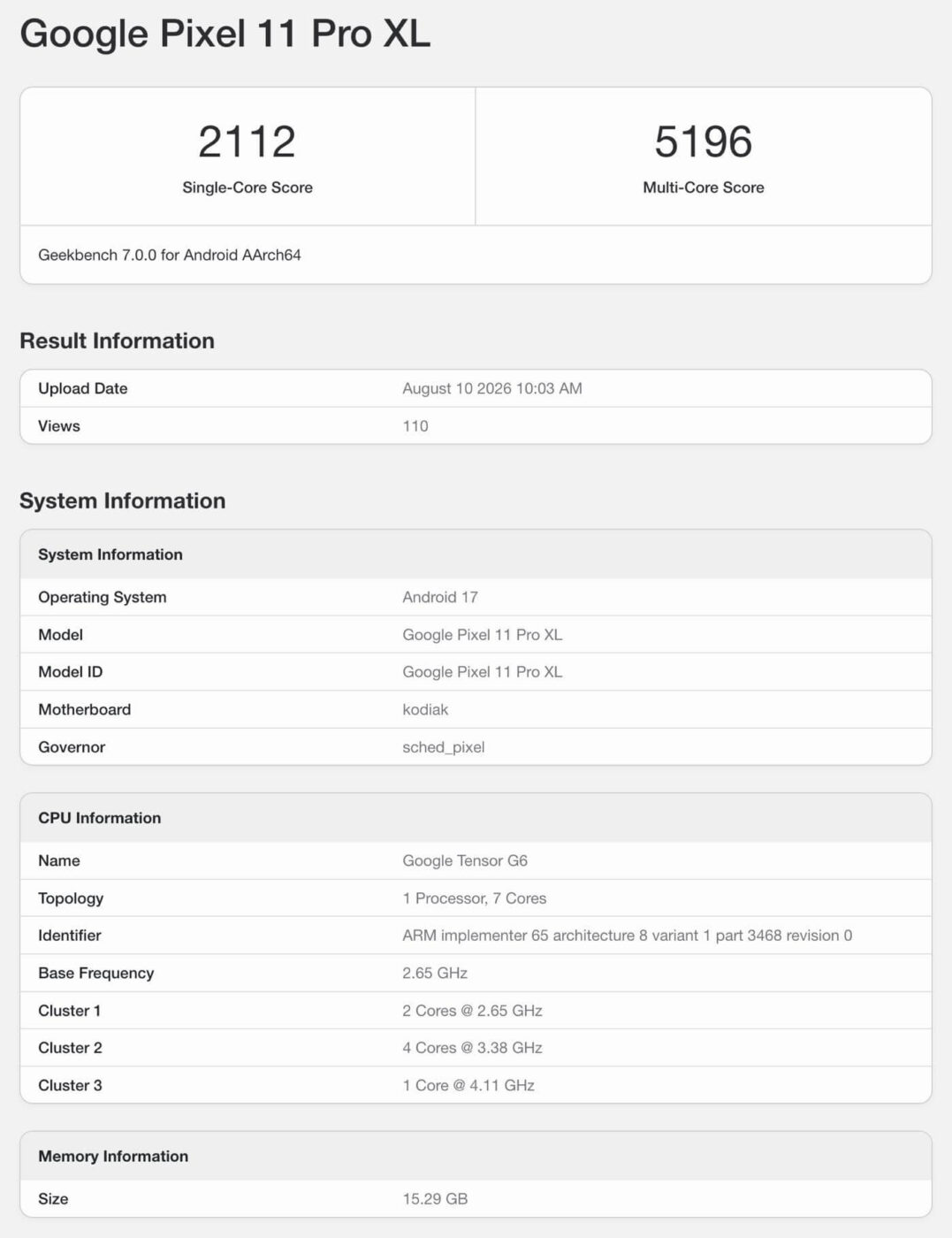 ｢Pixel 11 Pro XL｣のGeekBench 7のベンチマークスコアが明らかに