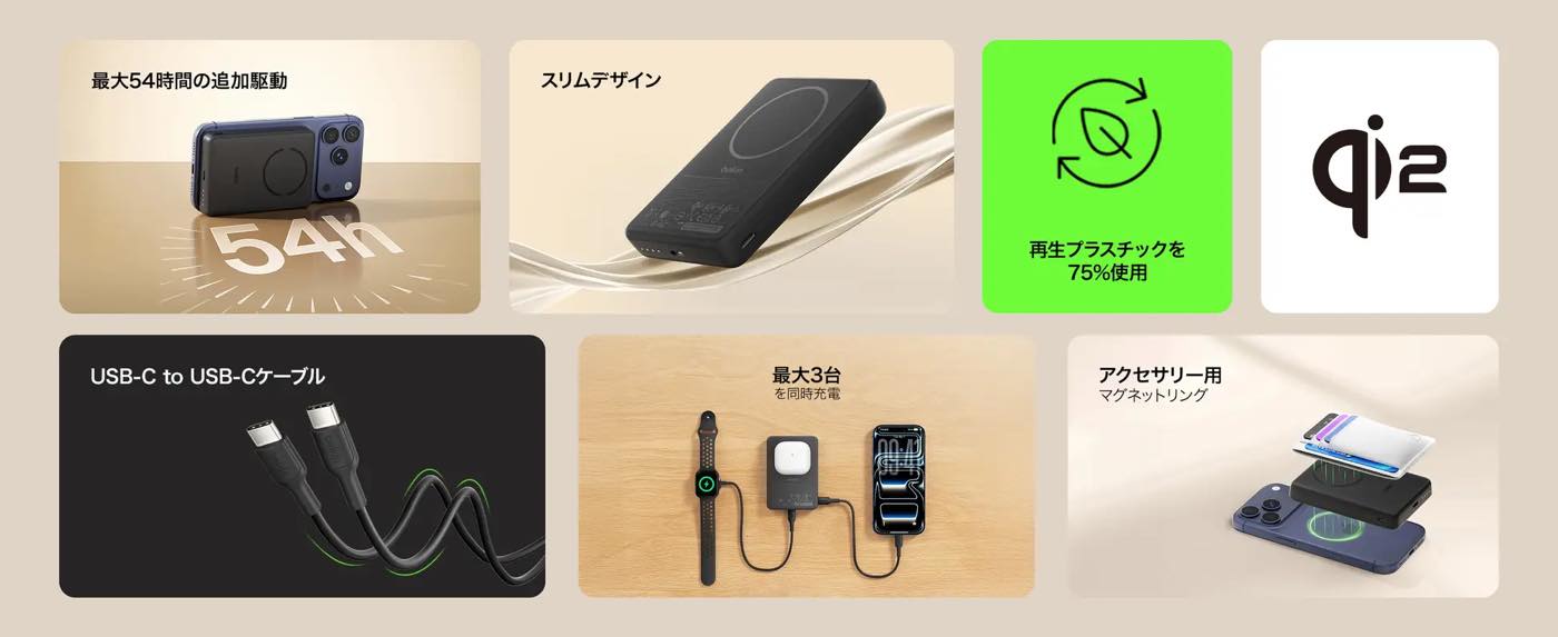 Belkin、薄型・軽量ボディでマグネットリングを備えた｢BoostCharge Qi2 薄型 マグネット式モバイルバッテリー 10,000mAh｣を発売