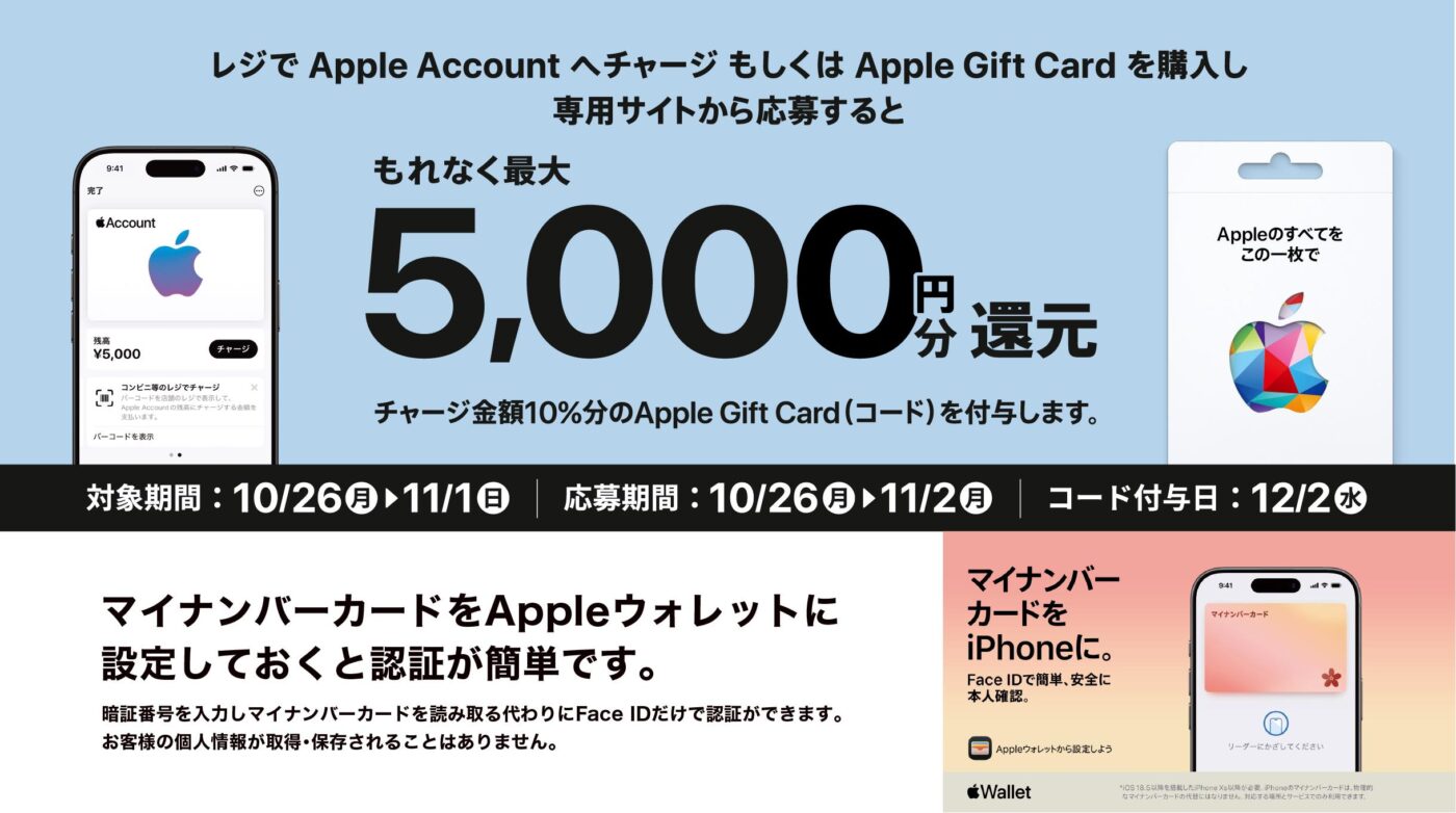 コンビニ4社、合計5,000円以上のApple Gift Card購入かApple Accountへのチャージで10%還元するキャンペーンをスタート